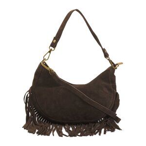 MARLON Chocolate Made In Italy Suede Crescent Shoulder Bag With Fringes